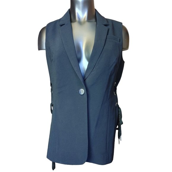 EDEN COURT Womens M Black Tie Deep V-Neck Sleeveless Button Up Collard Blouse - Picture 1 of 4